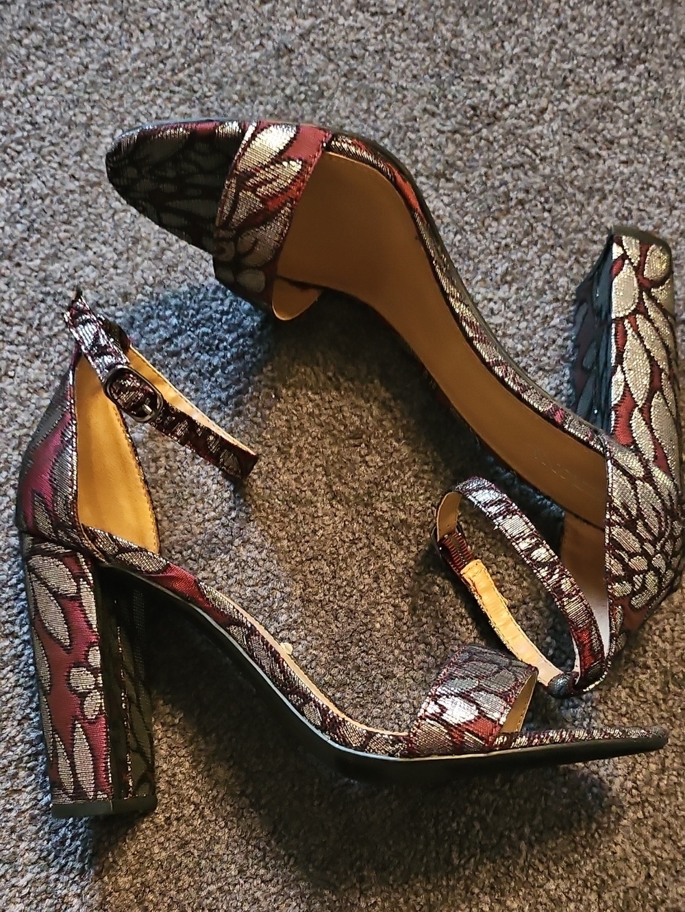 Women's Floral Metallic Ankle-Strap High Heel Sandals - Burgundy